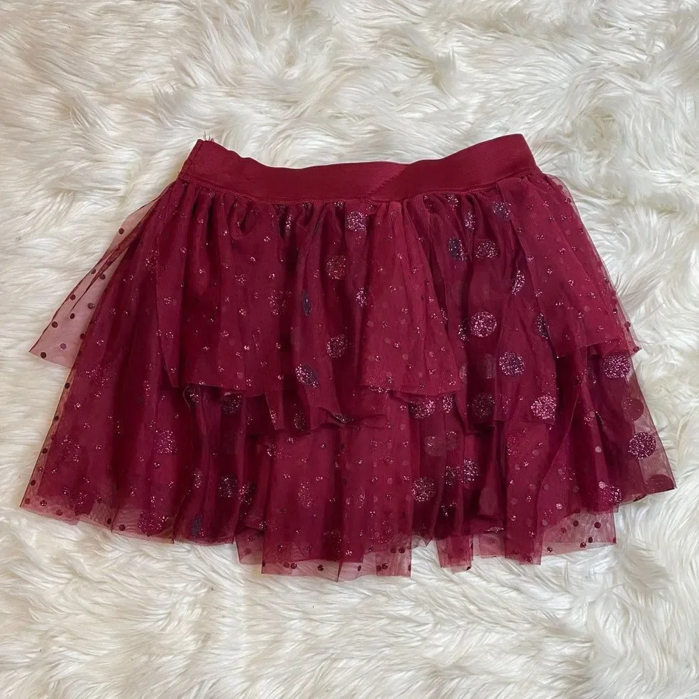 Girl’s sparkle ruffle burgundy Justice Skirt size 16 elastic waist